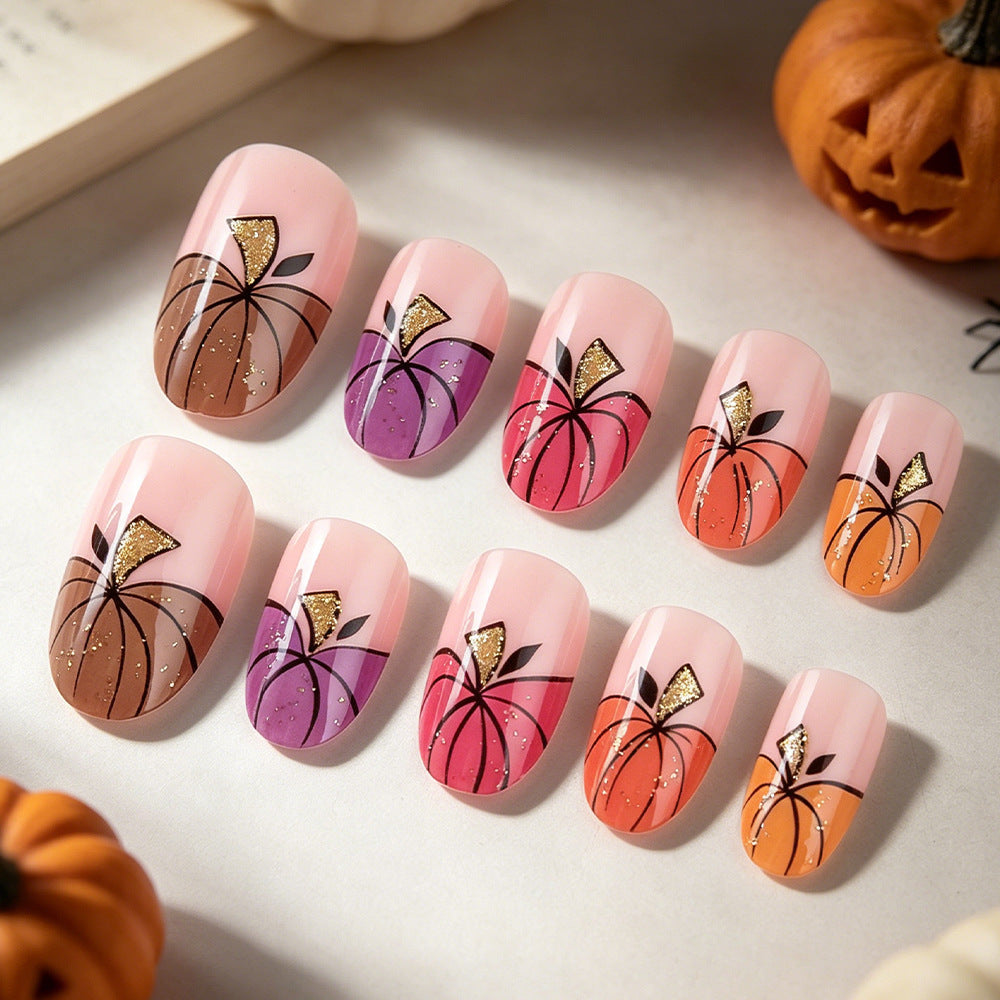 Artistic Press-On Nail Art Set with Pumpkin Design Kalsten