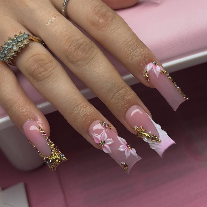 Artistic Nail Extensions with Rhinestone and Flower Embellishments Kalsten
