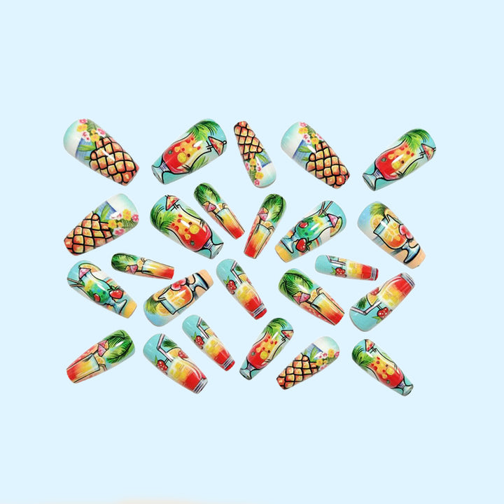 Artificial nail set with tropical drink motif and colorful accents Kalsten