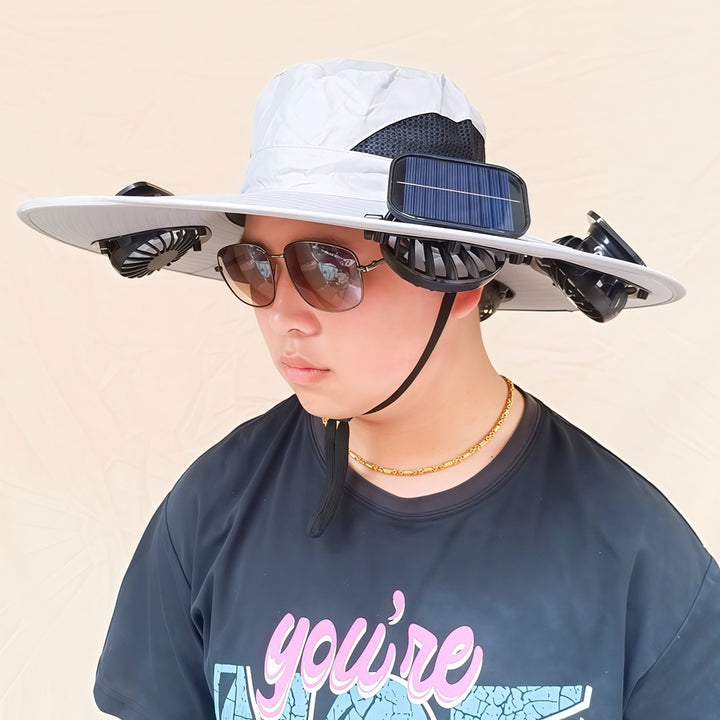 Wide-brimmed sun hat with detachable swivel solar fans and adjustable chin strap Kalsten