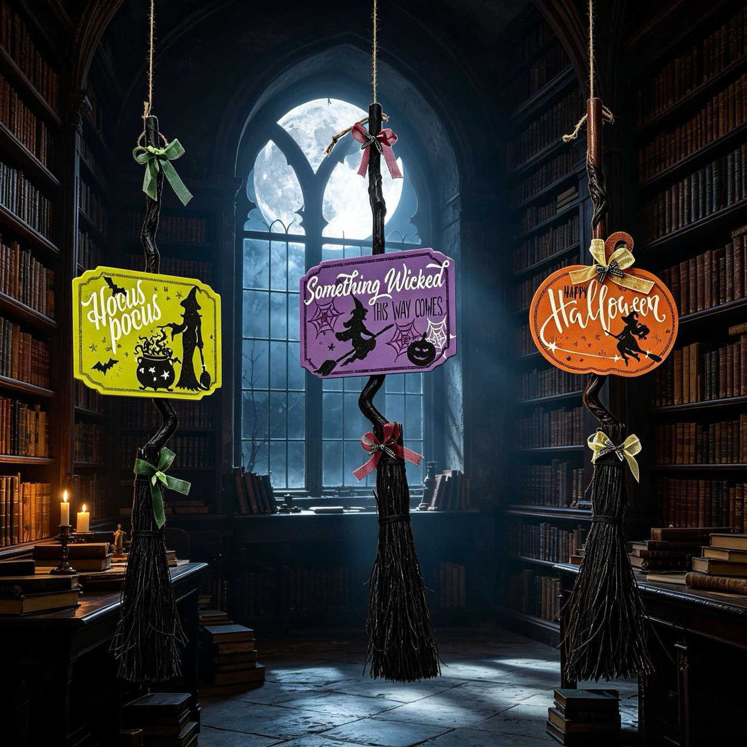 Hanging Halloween Decor Broomstick Pendant with Twisted Handle and 'Hocus Pocus' Sign