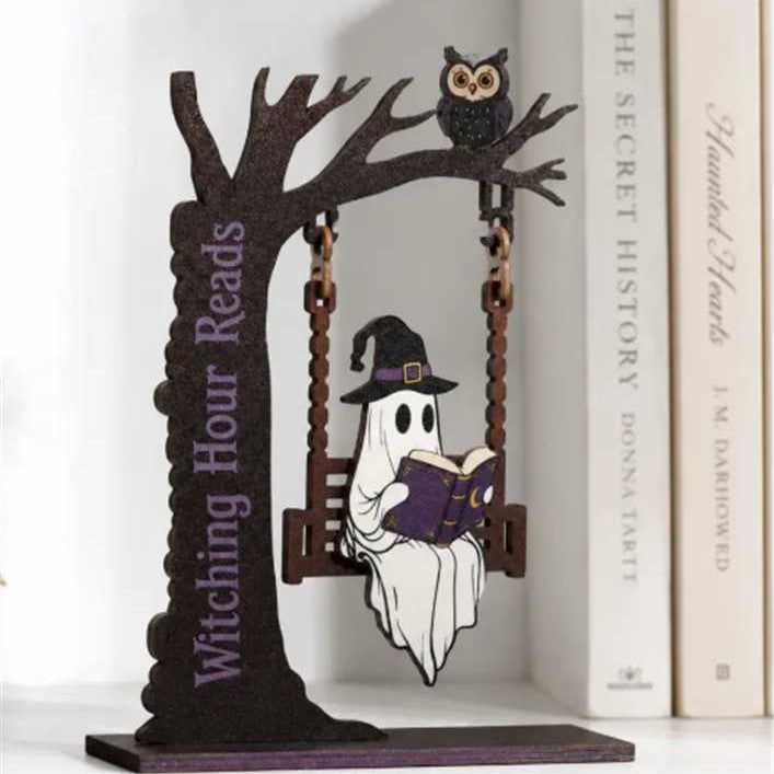 Whimsical Ghost and Cat Hanging Sign Sculpture Kalsten