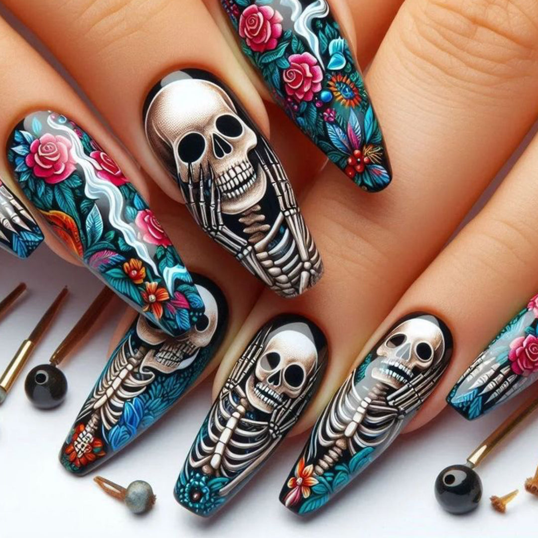 Gothic Skeleton-Themed Acrylic Nail Art Extensions Kalsten