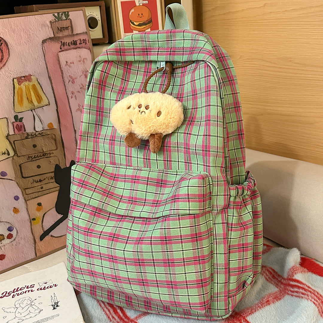 Backpack with Practical Check Pattern and Cute Plush Pendant Kalsten
