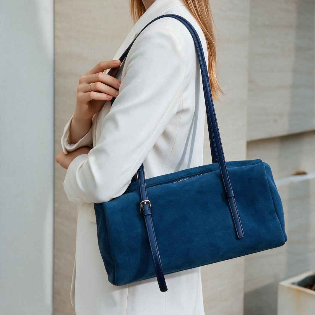 Long-Strap Suede Box Tote Bag