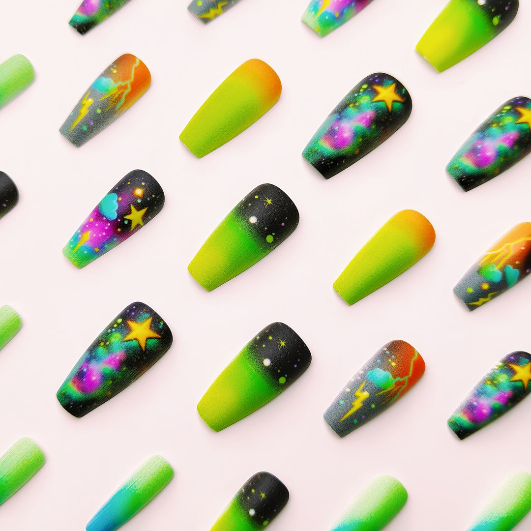 Creative acrylic nails with neon galaxy design Kalsten