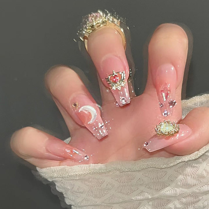 Artistic Press-On Nail Tips with Gemstone and Moon Accents Kalsten