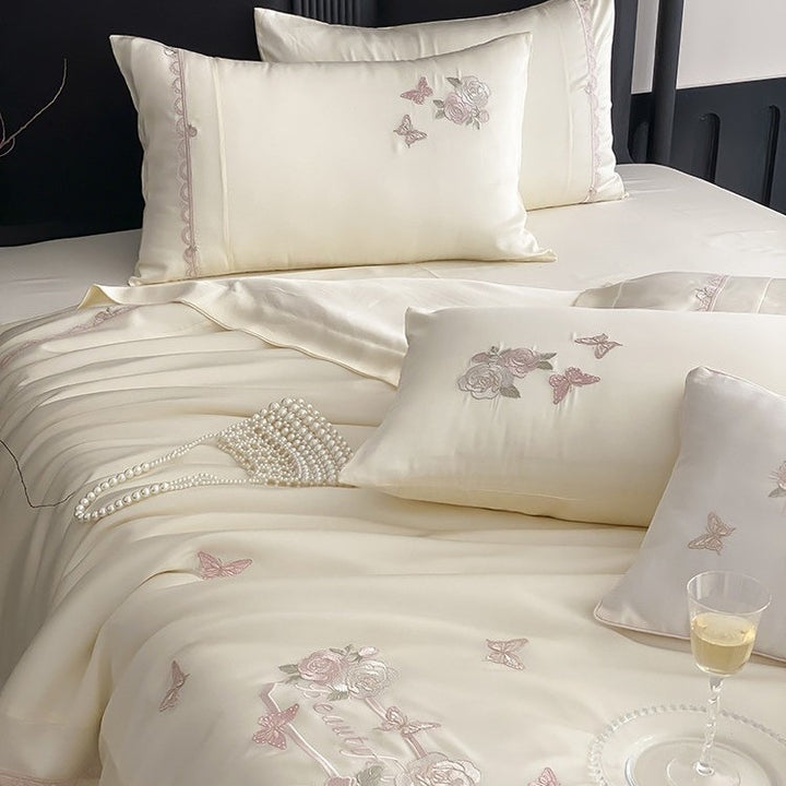 Elegant satin bedding set with rose and butterfly embroidery