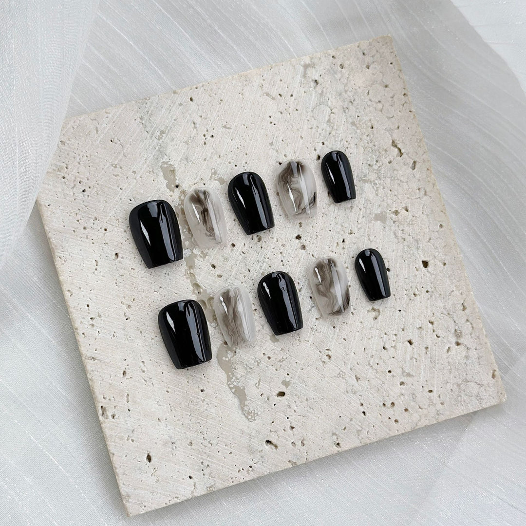 Artistic Gel Press-On Nail Set with Marble and Glossy Finish