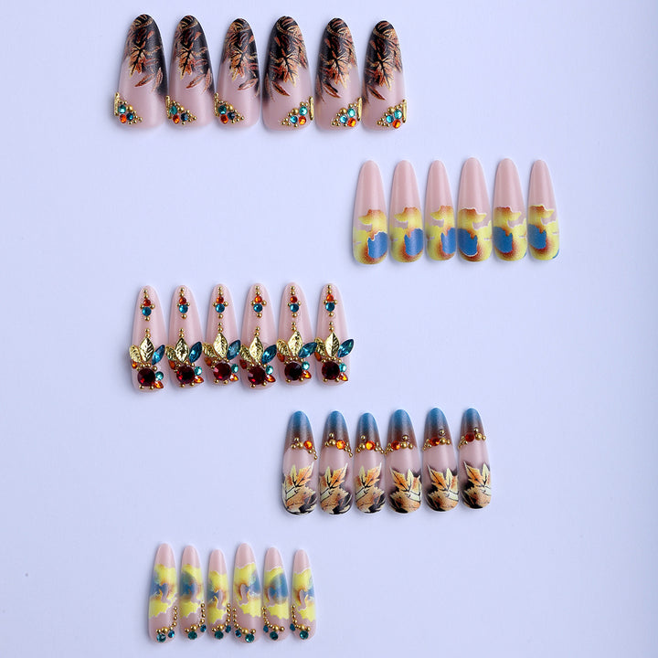 Artificial nails with luxurious 3D decorations and colorful leaf patterns Kalsten