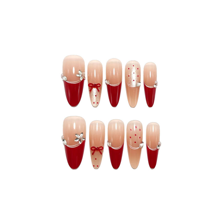 Elegant Artificial Nails with Decorative Ribbons and Rhinestone Clusters Kalsten