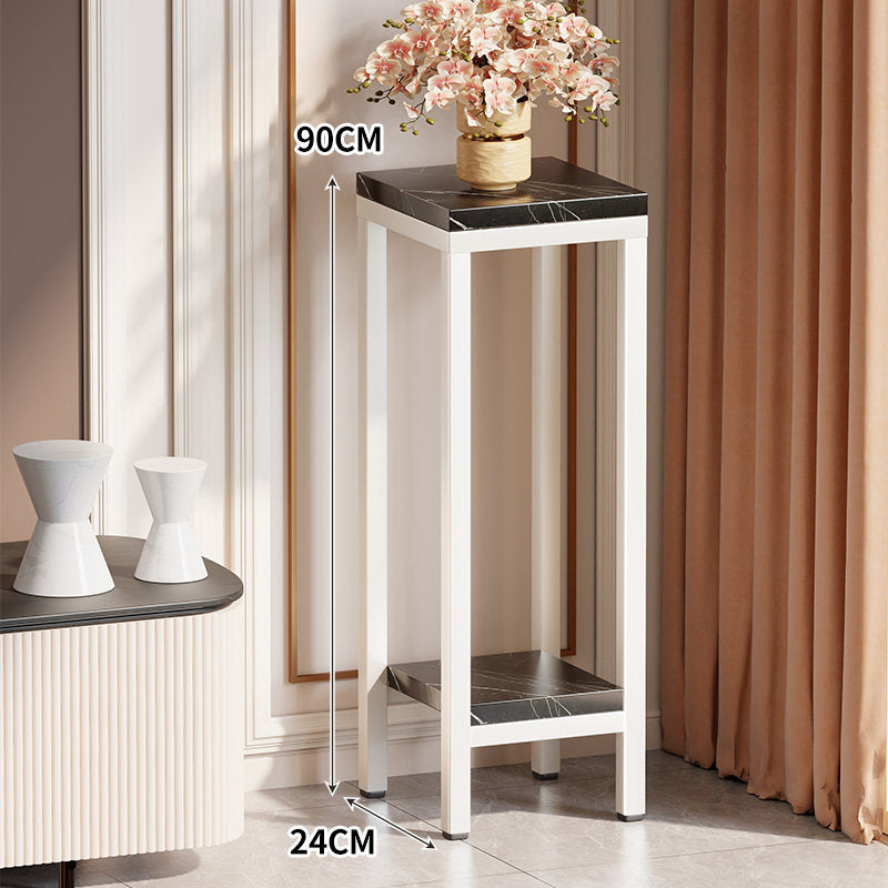 Tall Narrow Marble-Top Plant Stand Side Table with Lower Shelf and Gold Metal Frame