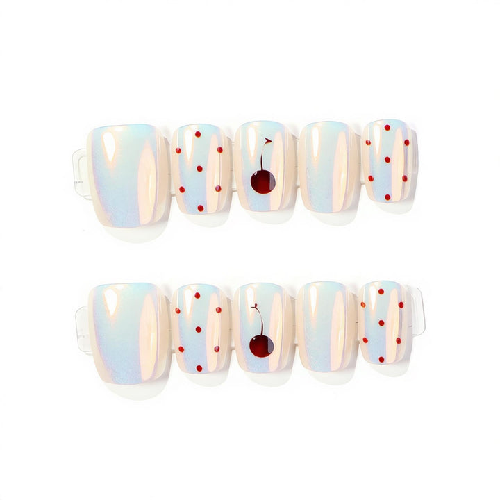 Artistic Press-On Nail Art Set with Cherry and Polka Dot Design Kalsten
