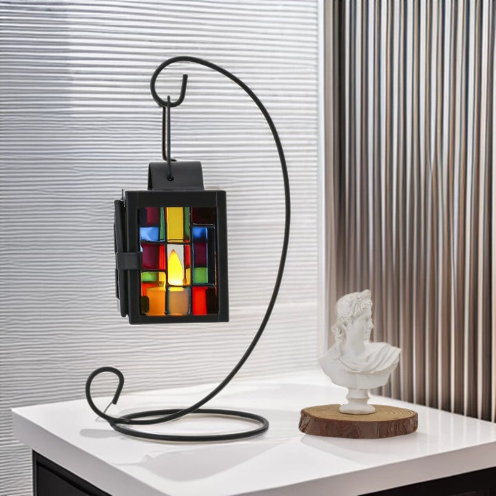 Stained Glass Mosaic Hanging Tealight Lantern with Metal Frame Kalsten