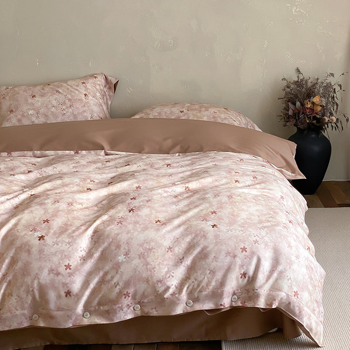 Premium cotton satin duvet cover set with floral jacquard relief and button closure