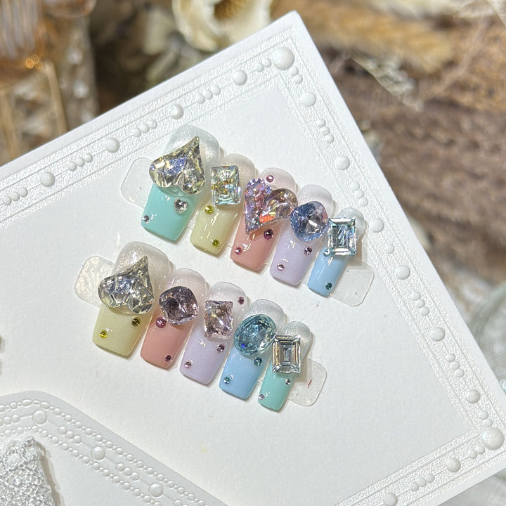 Artistic Press-On Nail Set with Gemstone Embellishments Kalsten