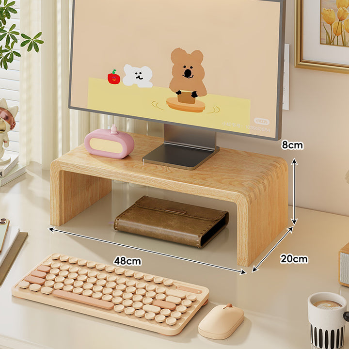Wide Solid Wood Curved Desktop Monitor Stand Riser with Under-Shelf Storage