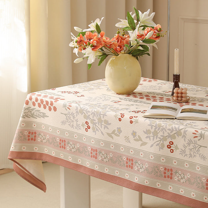 Rectangular easy-care tablecloth in floral jacquard with decorative border Kalsten