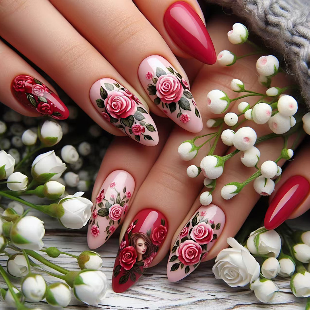 Creative Artificial Nails with Romantic Rose Design Kalsten