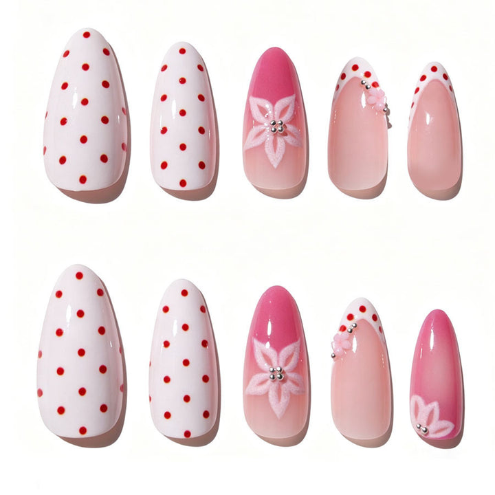 Artificial nail set with floral accents and charming polka dots Kalsten