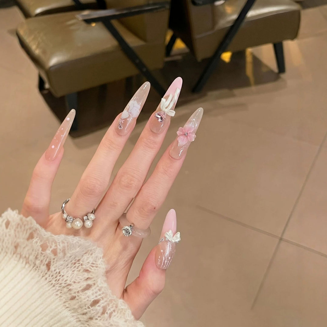 Decorative Stiletto Press-On Nail Art Set with Elegant Floral Design Kalsten