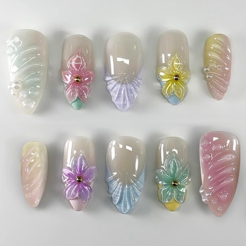 Nail set with colorful floral design and glitter accents Kalsten