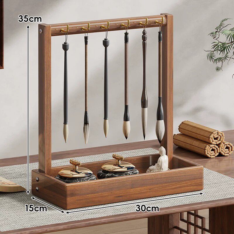 Desktop Wooden Calligraphy Brush Stand with Sand Tray and Hanging Hooks