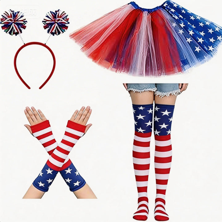 Women's nan patriotic tulle layered mini skirt headband arm sleeves and thigh high socks set Kalsten