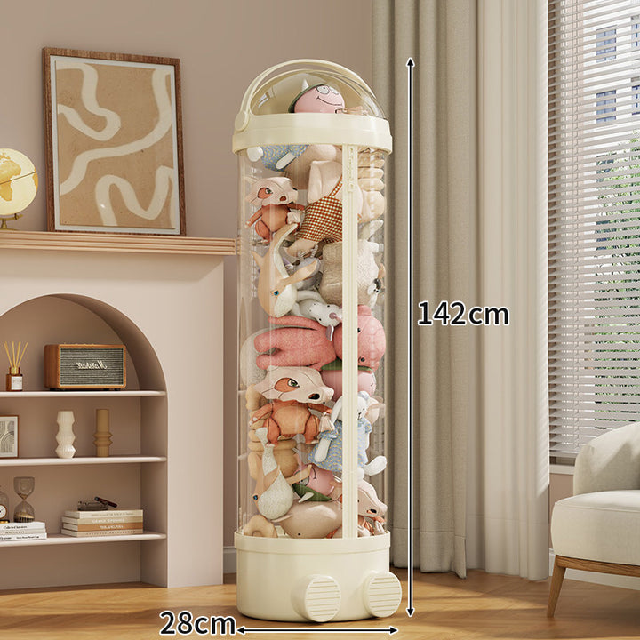 Tall Cylindrical Toy and Plush Storage Organizer with Clear Zip Cover and Rolling Vent Base
