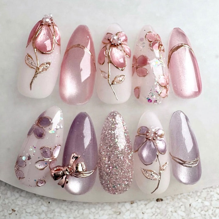 Artificial nail set with decorative flower and glitter embellishments Kalsten