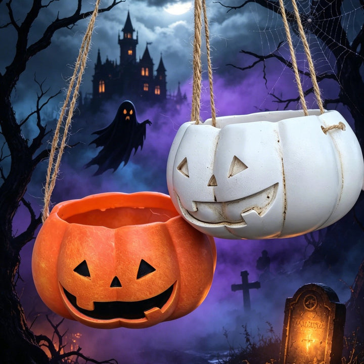 Hanging ceramic pumpkin flower pot with carved pumpkin face and jute string