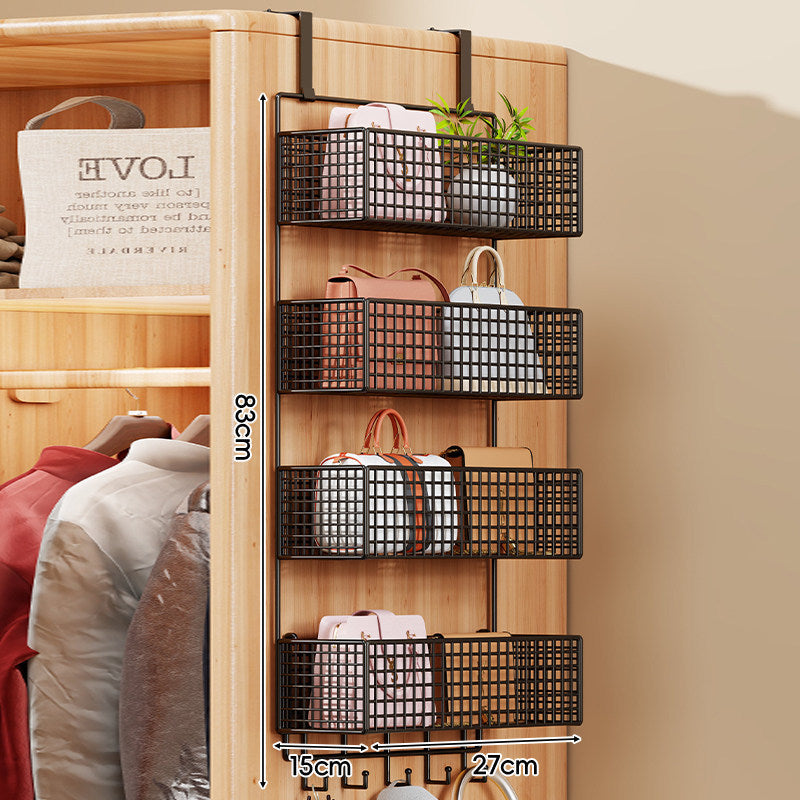 Over-the-Door Metal Grid Hanging Organizer with Four Stackable Baskets and Hooks