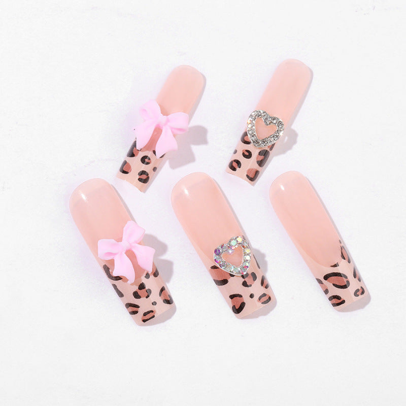 Decorative Press-On Nail Art Set with Leopard Print and Bow Accents