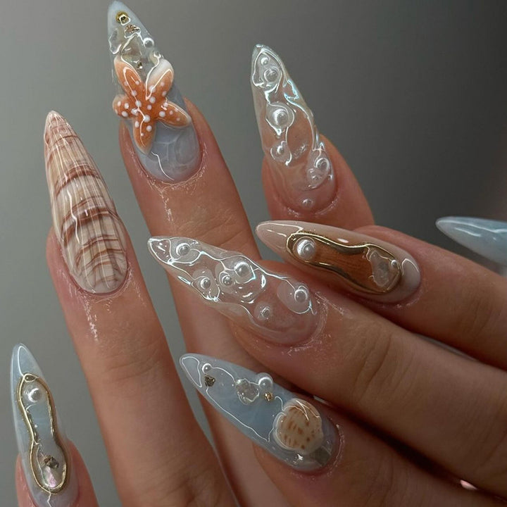 Artistic Press-On Nail Set with Shell and Floral Accents Kalsten