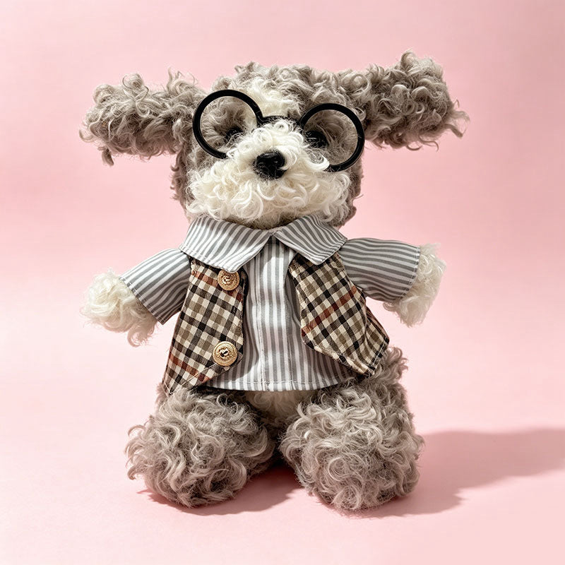 Curly-Fur Sitting Puppy Plush with Round Glasses & Plaid 'LOVE' Bandana Kalsten