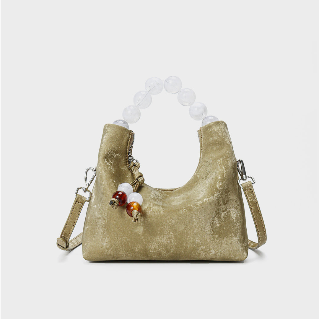 Suede Crescent Shoulder Bag with Acrylic Bead Top Handle & Detachable Crossbody Strap