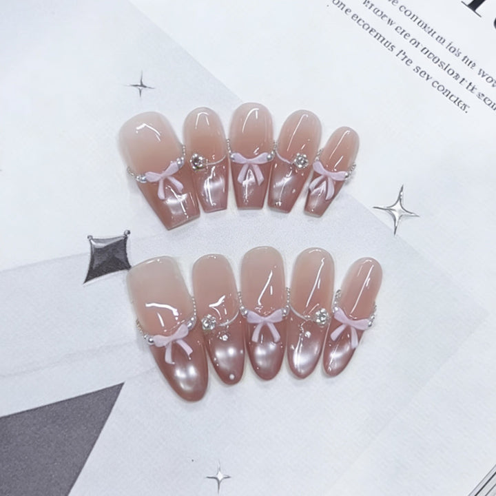 Decorative Press-On Nail Set with Elegant Bow and Gem Accents Kalsten