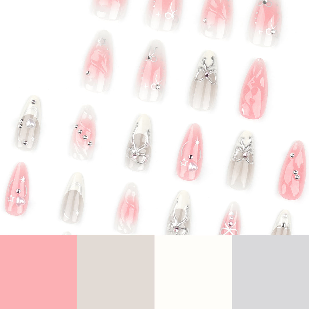 Artistic Nail Tips with Glitter and Bow Motifs Kalsten