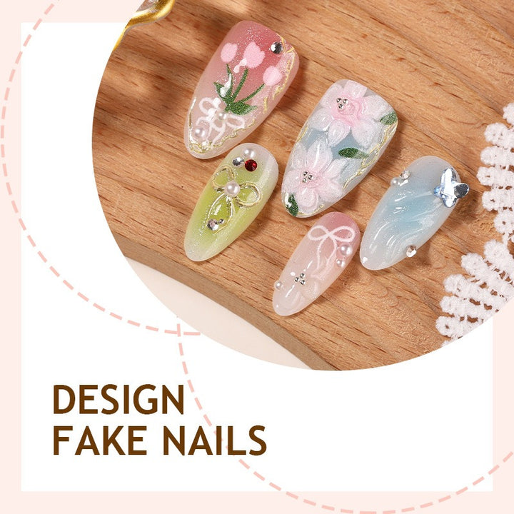 Artificial nail set with floral motifs and glitter accents Kalsten