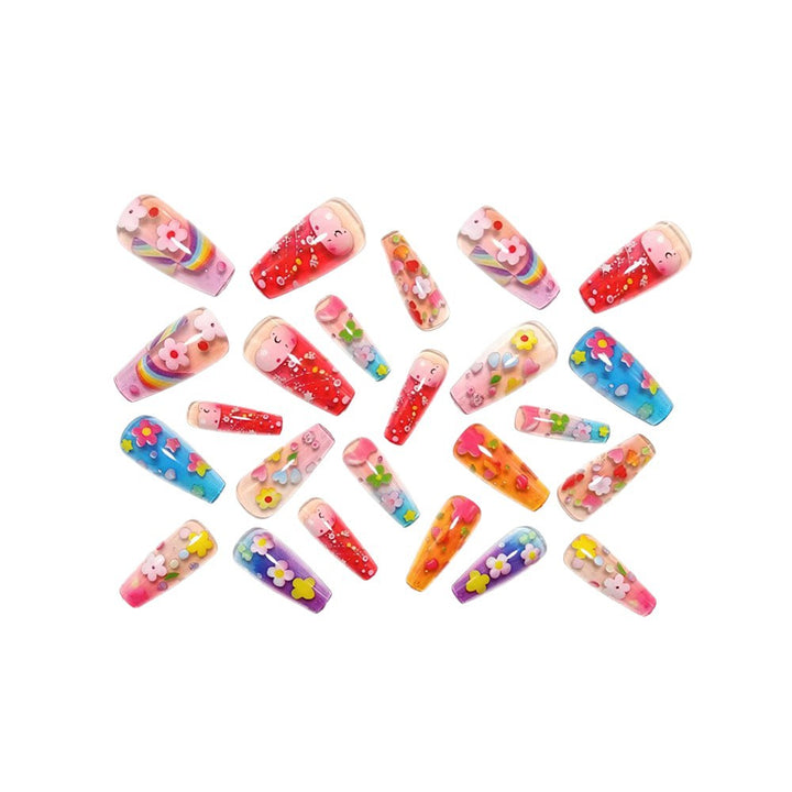 Artificial nails with colorful floral designs and 3D details Kalsten