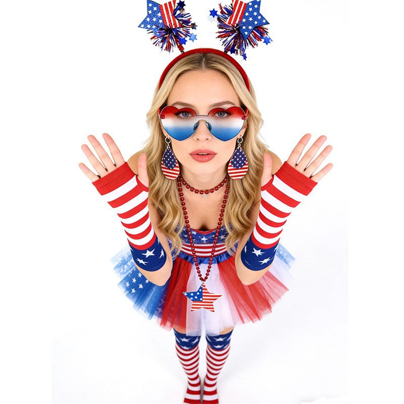 Women's patriotic carnival costume set with layered tulle skirt elastic waistband bow hairband thigh-high stockings and arm warmers Kalsten