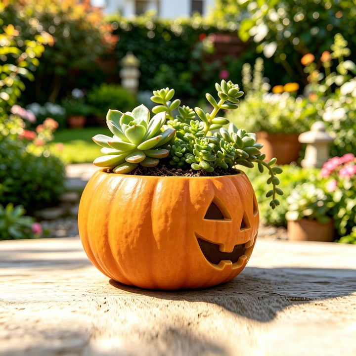 Ceramic pumpkin flower pot with carved pumpkin face and succulent insert