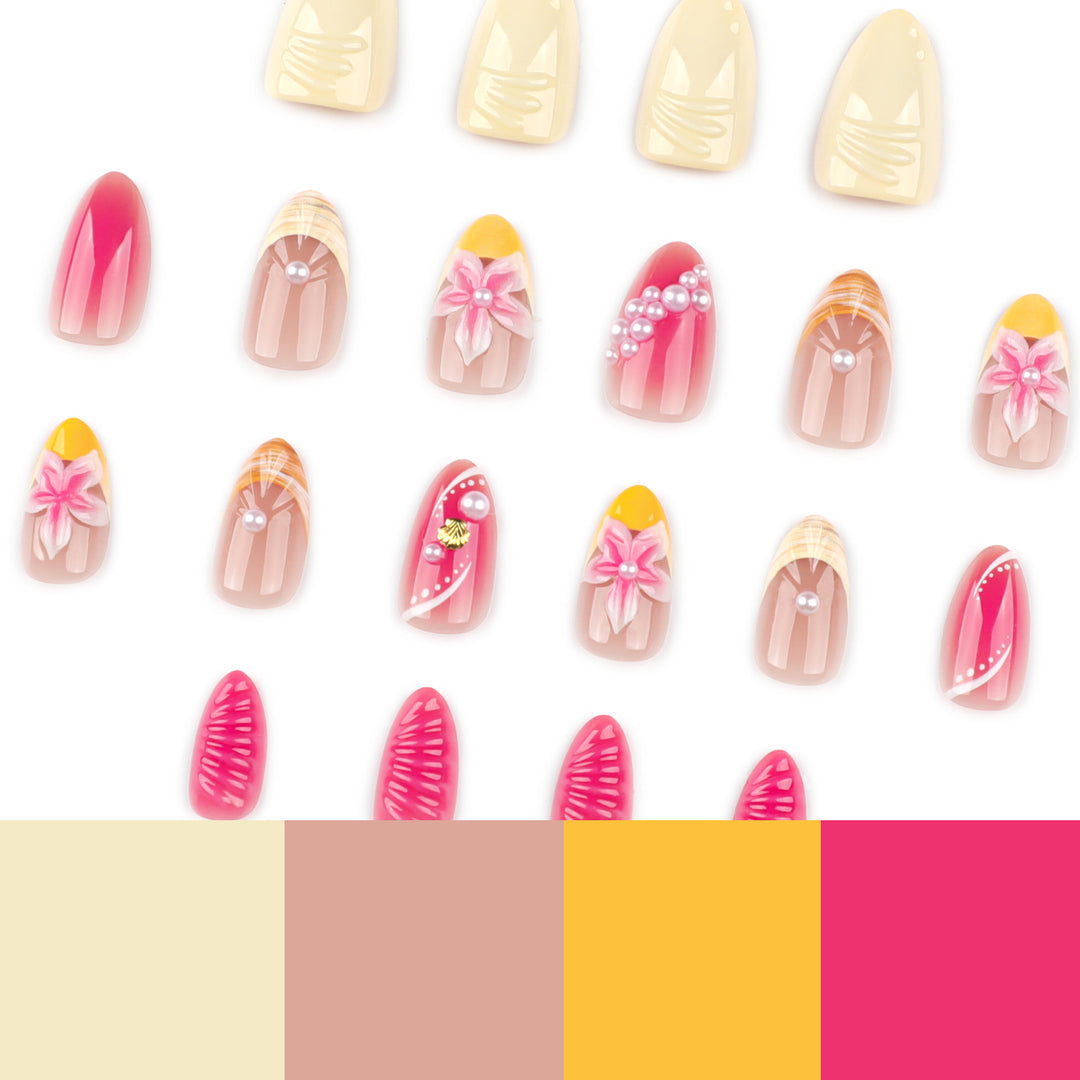 Artful nail extensions with floral and pearl-embellished accents Kalsten