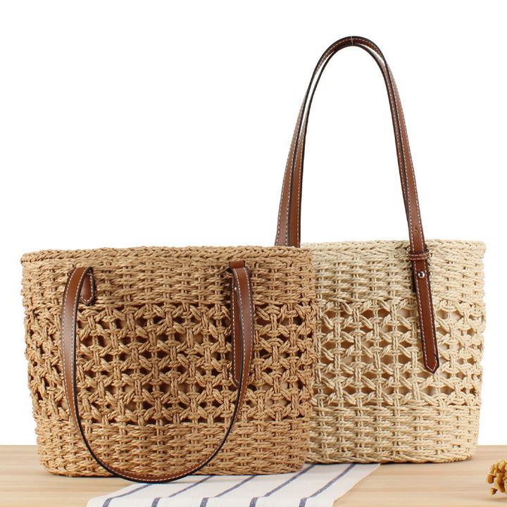 Handbag Made of Handwoven Straw with Elegant Faux Leather Handles Kalsten