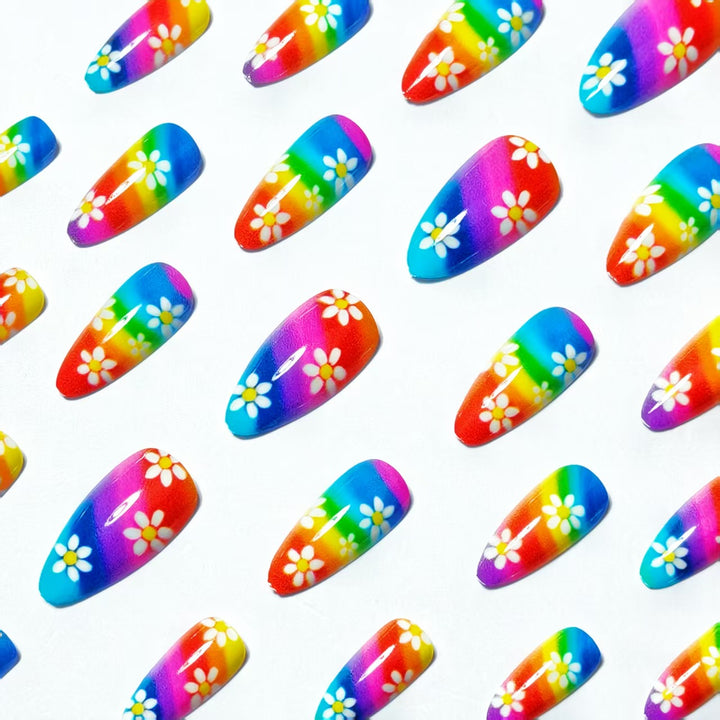 Creative Nail Art with Colorful Rainbow Design and Playful Flower Motifs Kalsten