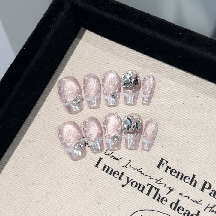 Elegant Press-On Nail Art Set with Gemstone Accents