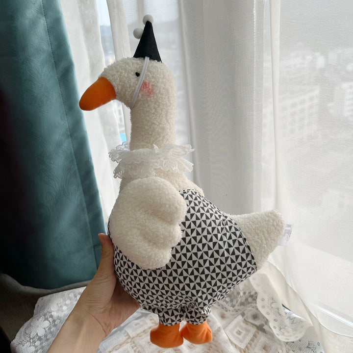 Plush Decorative Goose Soft Toy with Lace Collar and Geometric Body