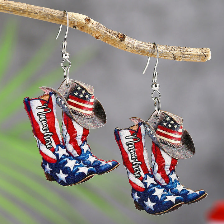 Ladies nan cowboy boots earrings with flag pattern made of lightweight wood Kalsten