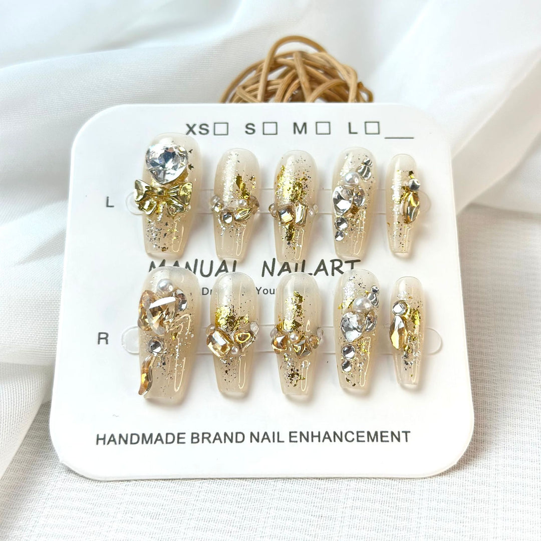 Decorative Press-On Nail Art Set with Gemstone and Bow Accents