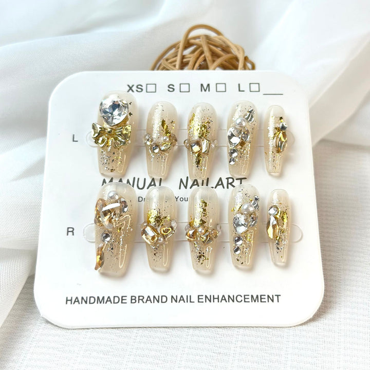 Decorative Press-On Nail Art Set with Gemstone and Bow Accents